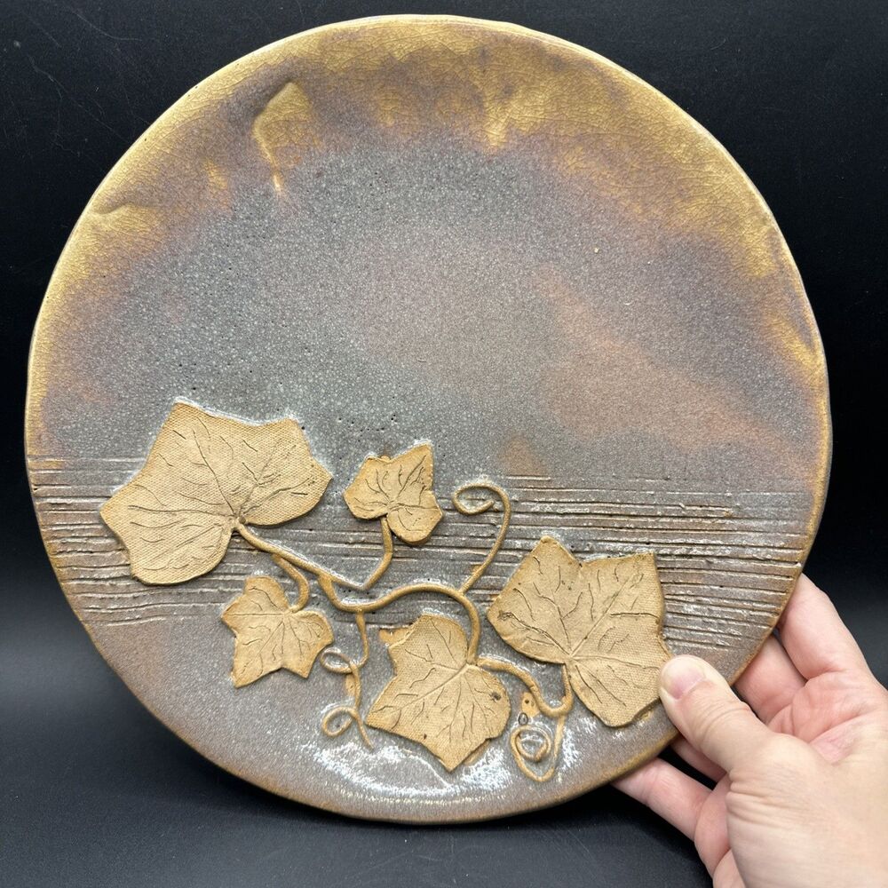 Studio Art Pottery Raised 3D Earth Toned Leaf Ivy Design Glazed Plate Signed 10”